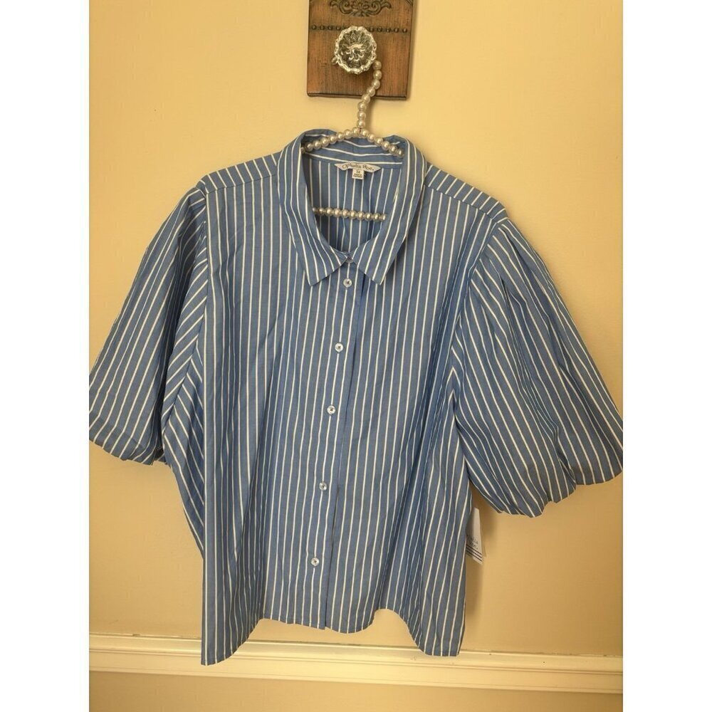 NWT Ophelia Roe Plus Size 3X Blue White Plaid Blouse Puff Sleeves Cotton